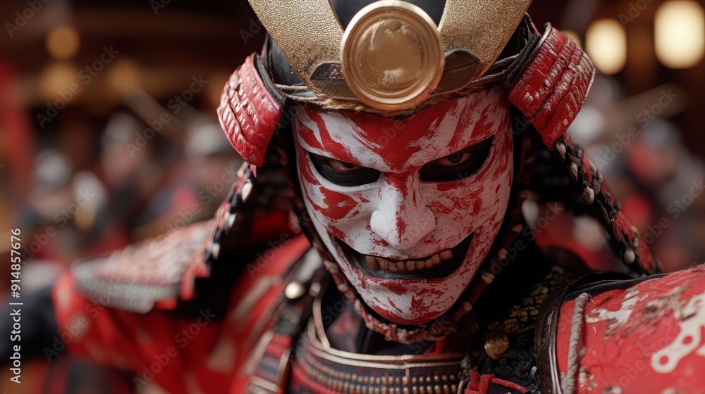 Fototapeta premium Close-up of a fierce warrior in traditional armor with dramatic makeup, showcasing vibrant colors and intricate details.