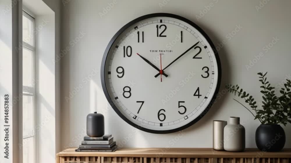 A large, minimalist wall clock with black hands and no numbers on a ...