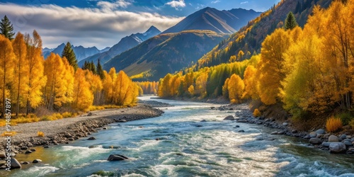 Fast river flow with yellow autumn trees near the mountains, fast, river, flow, yellow, autumn, trees, mountains, nature