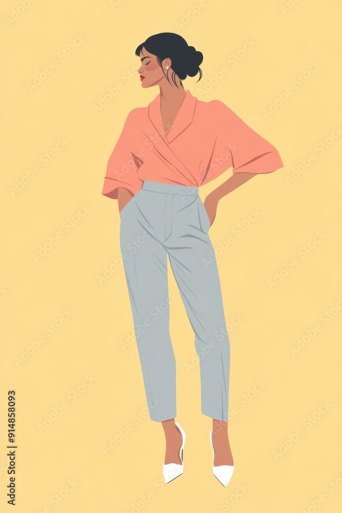 Fototapeta premium Minimalism illustration, a Latina woman, wearing a pink wrap blouse with gray cropped trousers and white kitten heels, with one hand on her waist, chic fashion, boho, flat illustration