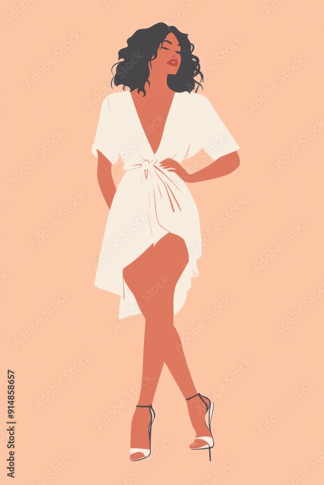 Minimalism illustration, a Latina woman, wearing a wrap dress with a belt and high heels, with one hand on her waist, chic fashion, boho, flat illustration on light coral background Minimalism illustration, a Latina woman, wearing a wrap dress with a belt and high heels, with one hand on her waist, chic fashion, boho, flat illustration on light coral background