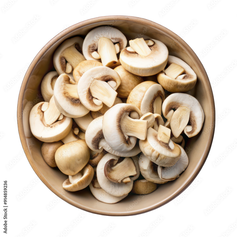 Fresh white mushrooms in wooden bowl isolated on transparent background Fresh white mushrooms in wooden bowl isolated on transparent background