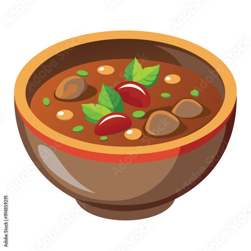 A vector illustration of a bowl of meat soup with vegetables and herbs, isolated on a white background.