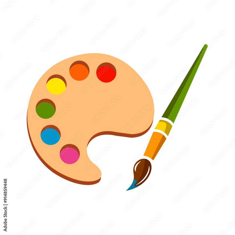 Brush and palette with paints Vector Icon Illustration. Brush paints. Flat Cartoon Style Suitable for Web Landing Page, Banner, Flyer, Sticker, Card. Vector cartoon flat illustration. Brush and palette with paints Vector Icon Illustration. Brush paints. Flat Cartoon Style Suitable for Web Landing Page, Banner, Flyer, Sticker, Card. Vector cartoon flat illustration.