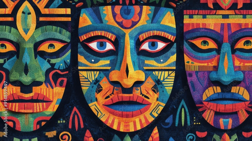 Vibrant Ethnic Tribal Face Mask with Intricate Embroidered Designs in Bright Striking Colors Cultural Decorative Accessory for as a Unique Piece of Art Vibrant Ethnic Tribal Face Mask with Intricate Embroidered Designs in Bright Striking Colors Cultural Decorative Accessory for as a Unique Piece of Art
