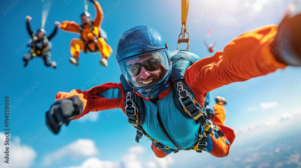 Group of friends skydiving in clear blue skies, wearing colorful blue and red jumpsuits, capturing the thrill and excitement of freefall with joyful expressions and the backdrop of a sunny summer day Group of friends skydiving in clear blue skies, wearing colorful blue and red jumpsuits, capturing the thrill and excitement of freefall with joyful expressions and the backdrop of a sunny summer day