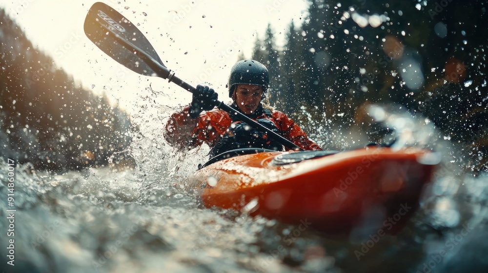 Closeup view of a female kayaker navigating through turbulent rapids, her face showing concentration. High waves crash around her as she skillfully maneuvers her kayak. Closeup view of a female kayaker navigating through turbulent rapids, her face showing concentration. High waves crash around her as she skillfully maneuvers her kayak.