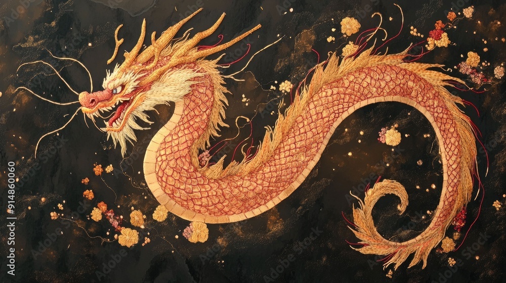 Obraz premium Elegant and majestic golden dragon embroidered in a captivating display of rich red and gold threads creating a mesmerizing mythical and ornamental visual artwork