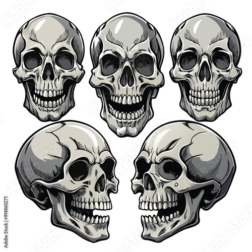 A set of five different greyscale vector illustrations of human skulls in various views and expressions.