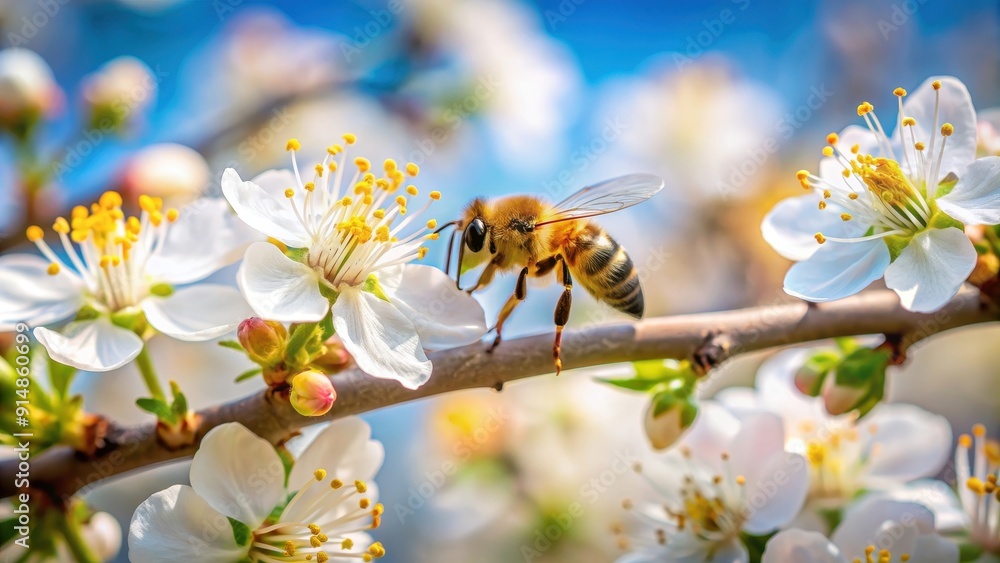Bee on a blooming tree branch, bee, blossom, tree, branch, nature, insect, pollination, spring, wildlife, garden, yellow, colorful Bee on a blooming tree branch, bee, blossom, tree, branch, nature, insect, pollination, spring, wildlife, garden, yellow, colorful