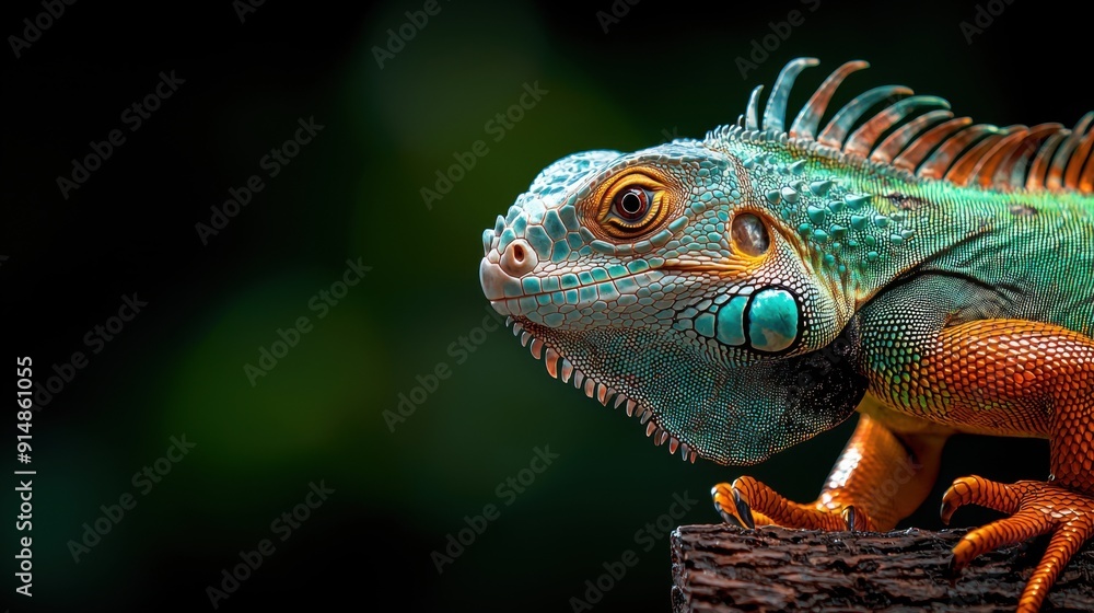 Fototapeta premium Close-up view of an iguana is head, emphasizing its green to black stripes, illuminated by light indigo and dark amber highlights, with a subtle turquoise and bronze background enhancing the scene