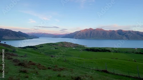 Panoramic views from the top of Isthmas Peak over the lake Hawea and Lake Wanaka, South Island New Zealand photo