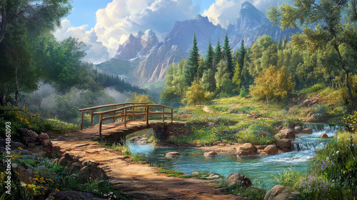 Depict scenes where humans trust nature, such as crossing a stable bridge over a river, hiking a well-marked trail, or farming in harmony with the seasons, highlighting trust in natural processes