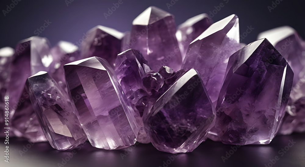 Detailed Illustration of a Cluster of Amethyst Crystals with Sharp Edges and Rich Purple Hue, Set Against a Soft Background with Ample Copy Space Detailed Illustration of a Cluster of Amethyst Crystals with Sharp Edges and Rich Purple Hue, Set Against a Soft Background with Ample Copy Space