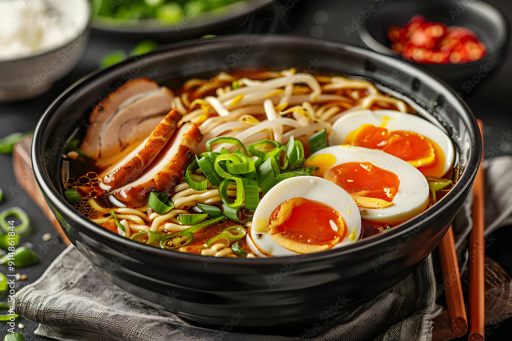 Delicious Ramen Noodle Soup with Pork, Egg, and Green Onions - Food Photography Delicious Ramen Noodle Soup with Pork, Egg, and Green Onions - Food Photography
