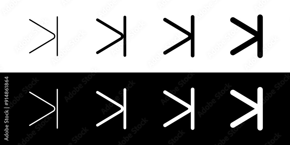 Vector arrow chevron with line right icon. Black, white background. Perfect for app and web interfaces, infographics, presentations, marketing, etc. Vector arrow chevron with line right icon. Black, white background. Perfect for app and web interfaces, infographics, presentations, marketing, etc.