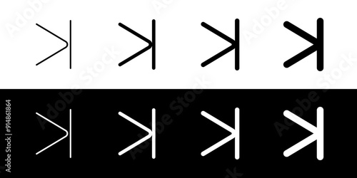 Vector arrow chevron with line right icon. Black, white background. Perfect for app and web interfaces, infographics, presentations, marketing, etc.