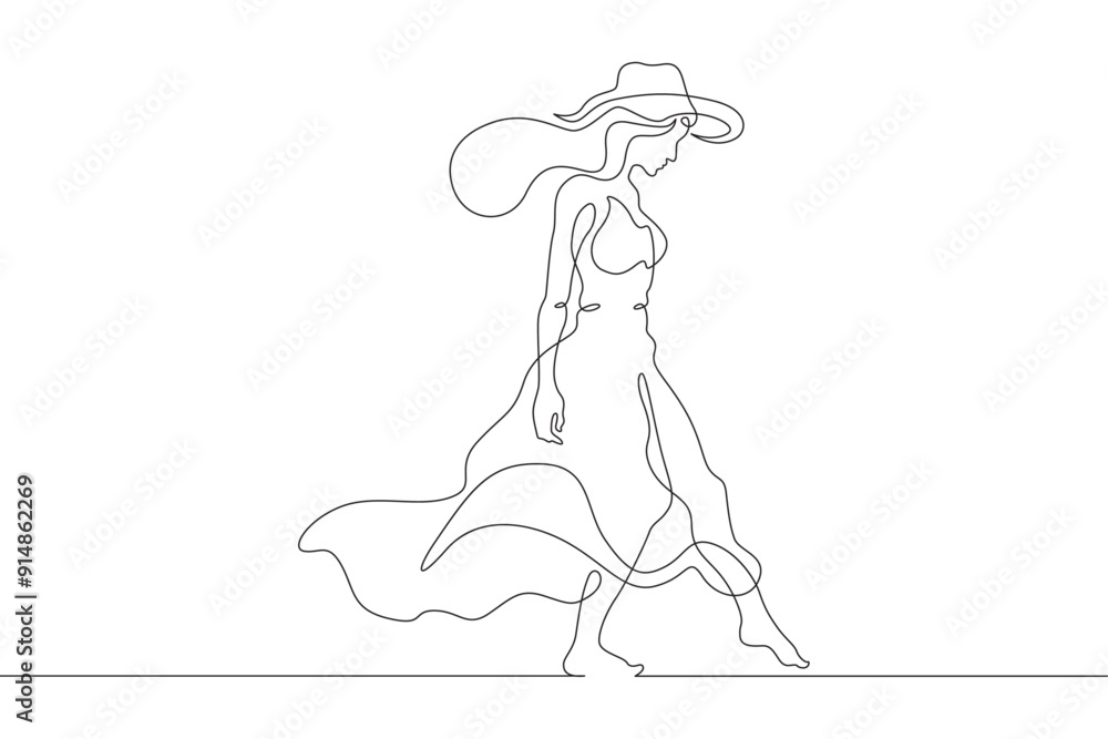 Woman on the beach in a big hat. Girl in a summer cape on the seashore.One continuous line. Line art. Minimum one line. White background. One line drawing. Woman on the beach in a big hat. Girl in a summer cape on the seashore.One continuous line. Line art. Minimum one line. White background. One line drawing.