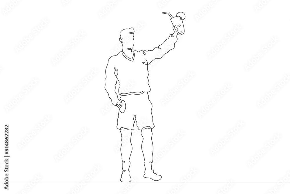 Young woman with a cocktail in hands. Drinking alcohol. Guest holding a glass at a party.One continuous line. Line art. Minimum one line. White background. One line drawing. Young woman with a cocktail in hands. Drinking alcohol. Guest holding a glass at a party.One continuous line. Line art. Minimum one line. White background. One line drawing.