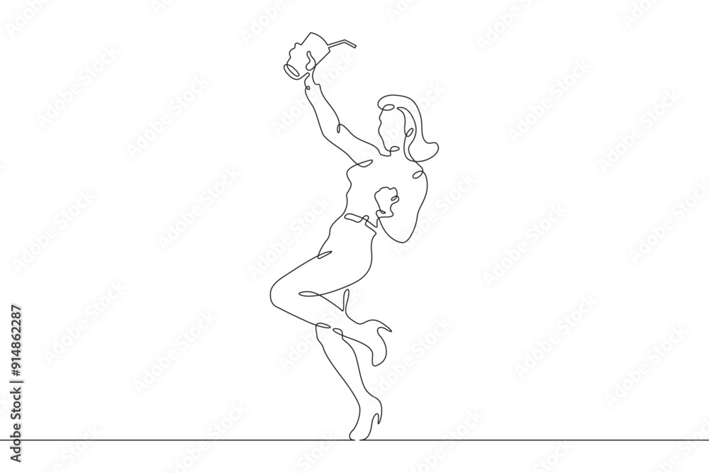 Young woman with a cocktail in hands. Drinking alcohol. Guest holding a glass at a party.One continuous line. Line art. Minimum one line. White background. One line drawing. Young woman with a cocktail in hands. Drinking alcohol. Guest holding a glass at a party.One continuous line. Line art. Minimum one line. White background. One line drawing.