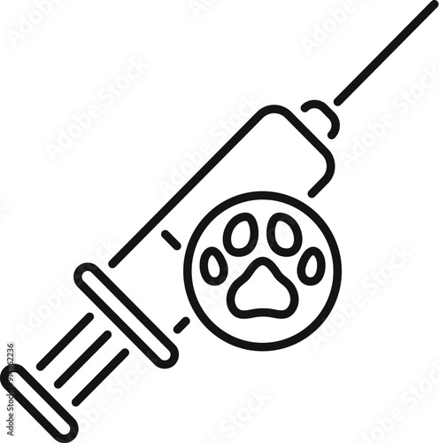 Veterinary syringe injection giving vaccine with paw print icon for pet health care