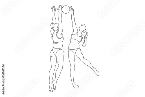 Women's beach volleyball. Women in swimsuits. Volleyball players block in a jump. Female athlete. One continuous line. Line art. Minimum one line. White background. One line drawing.