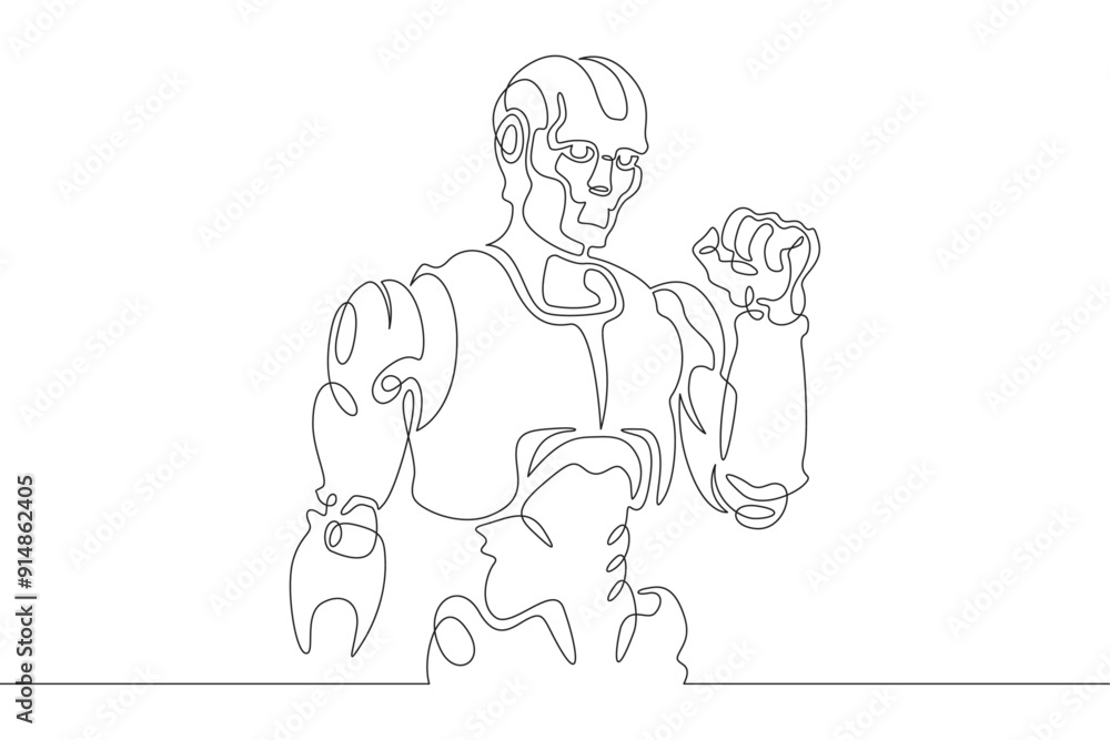 Robot with raised arm. Clenched fist of mechanical man. Robot android gesture of victory and fight. One continuous line. Line art. Minimum one line. White background. One line drawing. Robot with raised arm. Clenched fist of mechanical man. Robot android gesture of victory and fight. One continuous line. Line art. Minimum one line. White background. One line drawing.