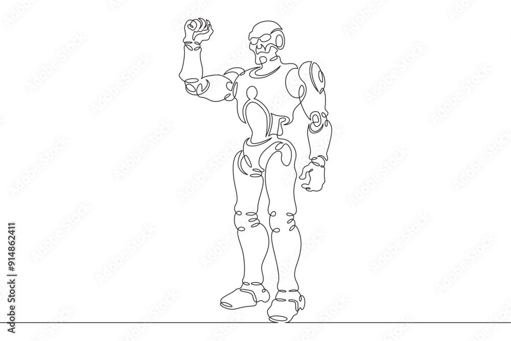 Robot with raised arm. Clenched fist of mechanical man. Robot android gesture of victory and fight. One continuous line. Line art. Minimum one line. White background. One line drawing. Robot with raised arm. Clenched fist of mechanical man. Robot android gesture of victory and fight. One continuous line. Line art. Minimum one line. White background. One line drawing.