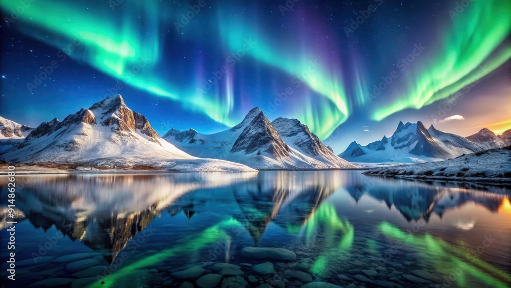 Fototapeta premium Snow covered mountains and rocky peaks in the arctic north with beautiful aurora sky reflecting off the water, Arctic, North