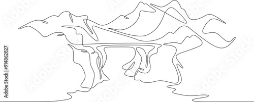 Old bridge over a mountain river. Wooden bridge in the mountains. Rocky mountain landscape. One continuous line. Line art. Minimum one line. White background. One line drawing.