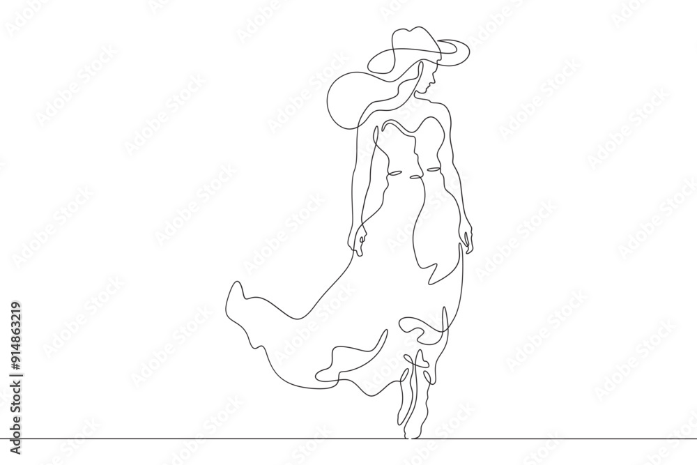 Woman on the beach in a big hat. Girl in a summer cape on the seashore.One continuous line. Line art. Minimum one line. White background. One line drawing. Woman on the beach in a big hat. Girl in a summer cape on the seashore.One continuous line. Line art. Minimum one line. White background. One line drawing.