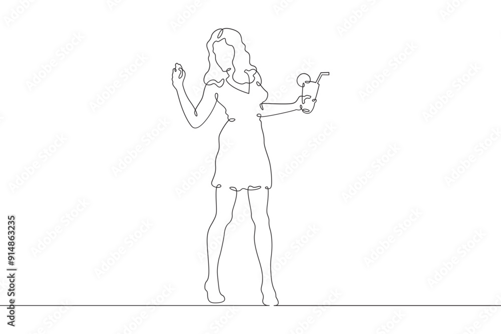 Young woman with a cocktail in hands. Drinking alcohol. Guest holding a glass at a party.One continuous line. Line art. Minimum one line. White background. One line drawing. Young woman with a cocktail in hands. Drinking alcohol. Guest holding a glass at a party.One continuous line. Line art. Minimum one line. White background. One line drawing.