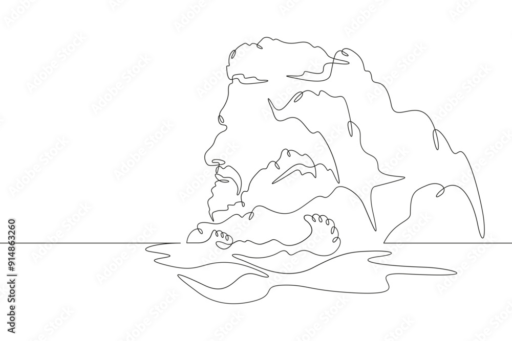 Mysterious islands in the form of a male human head. Head-shaped cliff. Mountain seascape.One continuous line. Line art. Minimum one line. White background. One line drawing. Mysterious islands in the form of a male human head. Head-shaped cliff. Mountain seascape.One continuous line. Line art. Minimum one line. White background. One line drawing.