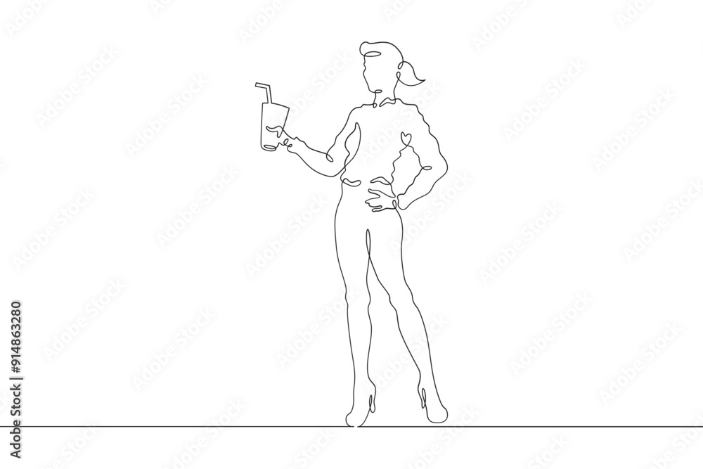 Young woman with a cocktail in hands. Drinking alcohol. Guest holding a glass at a party.One continuous line. Line art. Minimum one line. White background. One line drawing. Young woman with a cocktail in hands. Drinking alcohol. Guest holding a glass at a party.One continuous line. Line art. Minimum one line. White background. One line drawing.