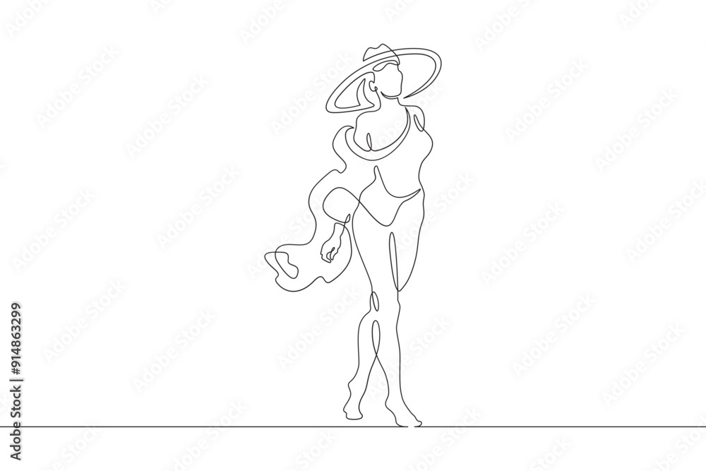 Woman on the beach in a big hat. Girl in a summer cape on the seashore.One continuous line. Line art. Minimum one line. White background. One line drawing. Woman on the beach in a big hat. Girl in a summer cape on the seashore.One continuous line. Line art. Minimum one line. White background. One line drawing.