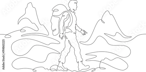A tourist walks in the mountains. Travel. Mountain climbing .Tourist with a backpack.One continuous line. Line art. Minimum one line. White background. One line drawing.