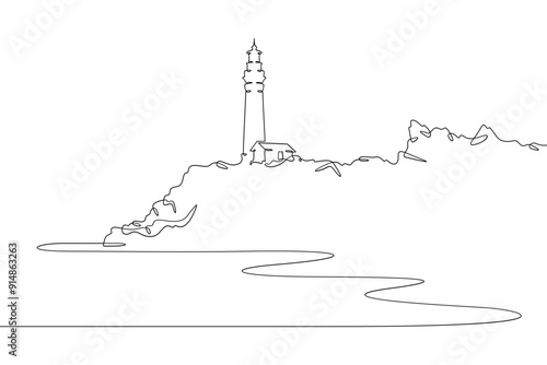 Continuous one line drawing lighthouse on a rocky cliff. Lighthouse on the seashore.One continuous line isolated minimal illustration.Not AI.