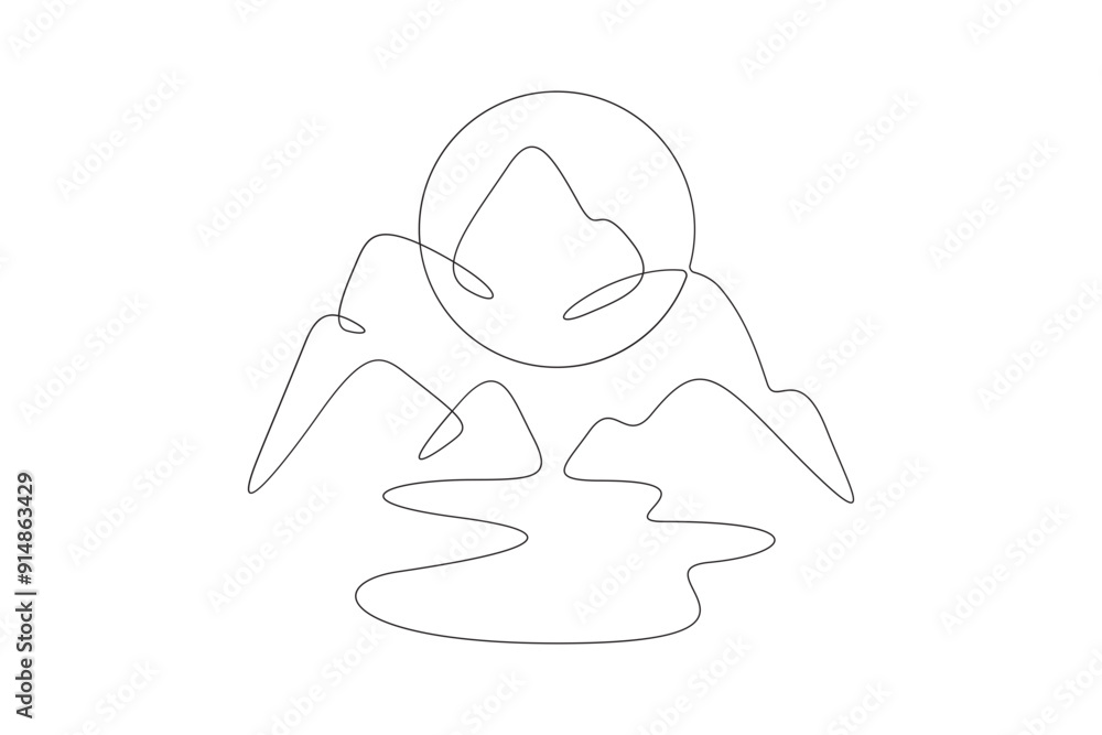 High mountains. Sunrise and sunset. Mountain landscape. Sun in the mountains. Nature logo.One continuous line. Line art. Minimum one line. White background. One line drawing. High mountains. Sunrise and sunset. Mountain landscape. Sun in the mountains. Nature logo.One continuous line. Line art. Minimum one line. White background. One line drawing.