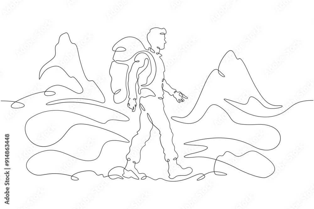 Obraz premium A tourist walks in the mountains. Travel. Mountain climbing .Tourist with a backpack.One continuous line. Line art. Minimum one line. White background. One line drawing.