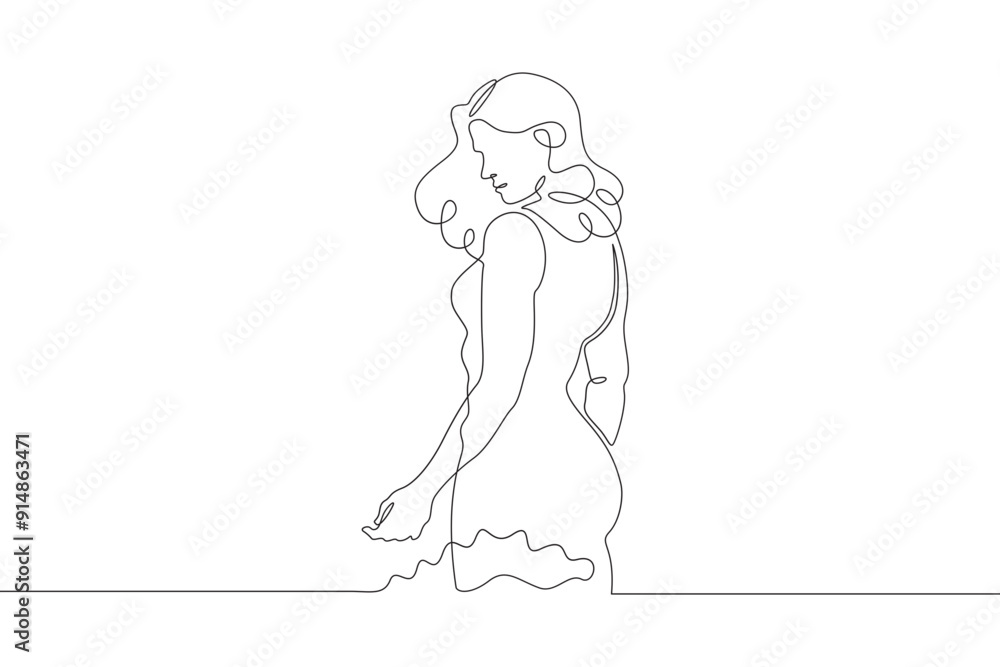 Beautiful woman standing in water. Girl in swimsuit entering sea. Vacation at resort.One continuous line. Line art. Minimum one line. White background. One line drawing. Beautiful woman standing in water. Girl in swimsuit entering sea. Vacation at resort.One continuous line. Line art. Minimum one line. White background. One line drawing.