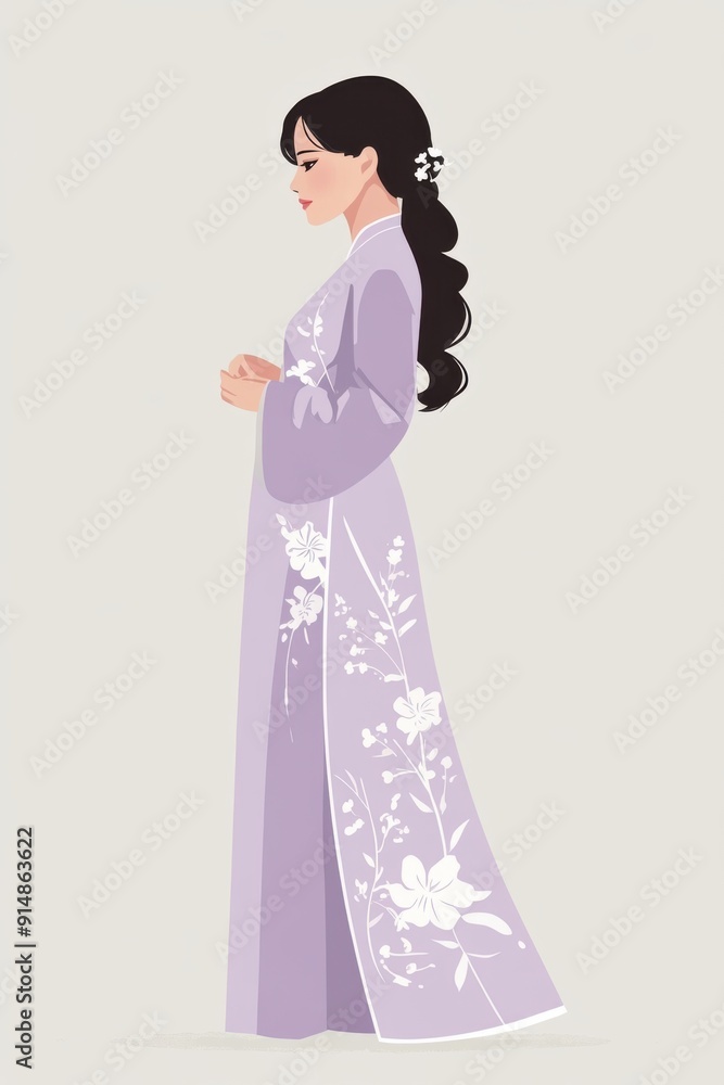 Minimalism illustration, a Vietnamese woman, wearing an elegant ao dai in pastel lavender with white floral designs, standing with one hand adjusting her dress, traditional fashion, flat illustration Minimalism illustration, a Vietnamese woman, wearing an elegant ao dai in pastel lavender with white floral designs, standing with one hand adjusting her dress, traditional fashion, flat illustration