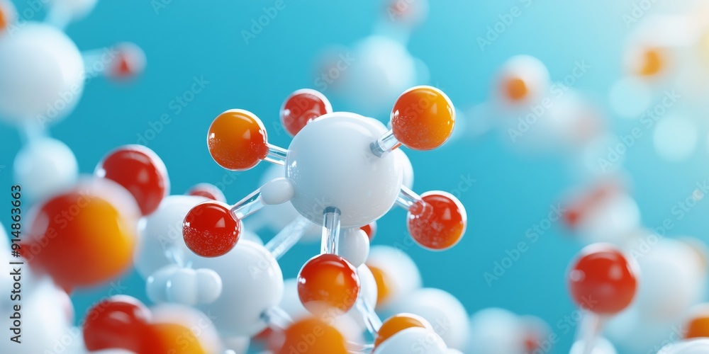 3D rendering of the microscopic world, with many red and orange molecules surrounding an organic white molecule model 3D rendering of the microscopic world, with many red and orange molecules surrounding an organic white molecule model