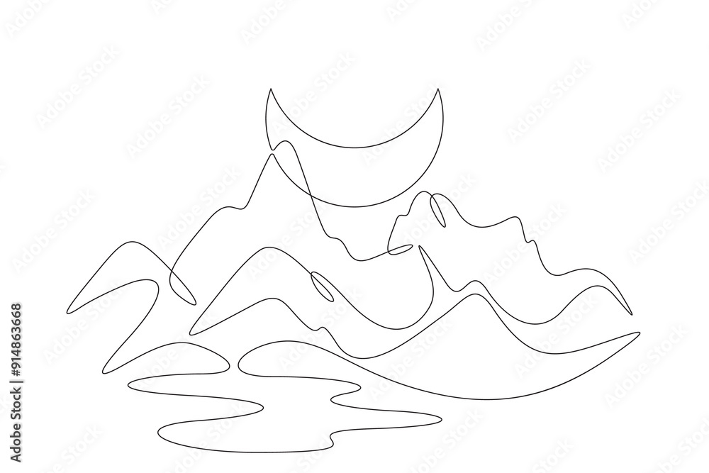 Night in mountains.Crescent in the sky.High mountains. Mountain landscape. Moon in the mountains. Nature logo. One continuous line. Line art. Minimum one line. White background. One line drawing. Night in mountains.Crescent in the sky.High mountains. Mountain landscape. Moon in the mountains. Nature logo. One continuous line. Line art. Minimum one line. White background. One line drawing.