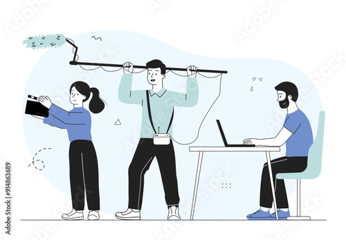 Film crew concept. Man with laptop, young guy with microphone and woman with camera. Professional operator and film director. Movies and series production. Linear vector illustration