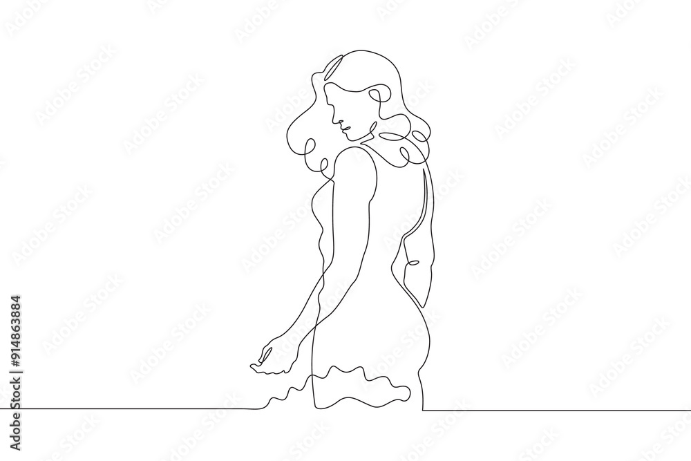 Beautiful woman standing in water. Girl in swimsuit entering sea. Vacation at resort.One continuous line. Line art. Minimum one line. White background. One line drawing. Beautiful woman standing in water. Girl in swimsuit entering sea. Vacation at resort.One continuous line. Line art. Minimum one line. White background. One line drawing.