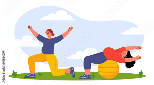 Fitness for pregnant. Women with big bellies train on fitballs. Active lifestyle and sports. Healthy training for expectant mothers. Flat vector illustration
