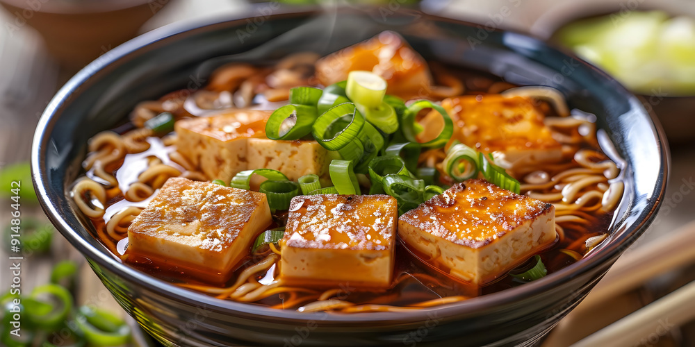 Closeup of a Bowl of Ramen with Tofu and Green Onions - Photo Closeup of a Bowl of Ramen with Tofu and Green Onions - Photo