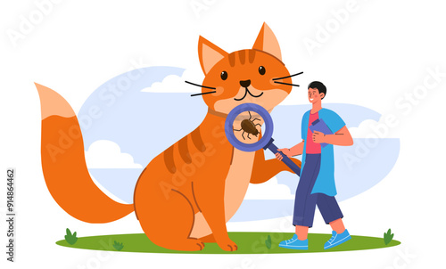 Cat with fleas. Man in medical uniform with magnifying glass finds insects in fur of pet. Diagnosis and treatment. Health care and medicine. Flat vector illustration