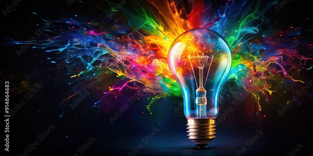 An inventive lightbulb bursting into vibrant paint against a dark backdrop , creativity, innovation, imagination, art