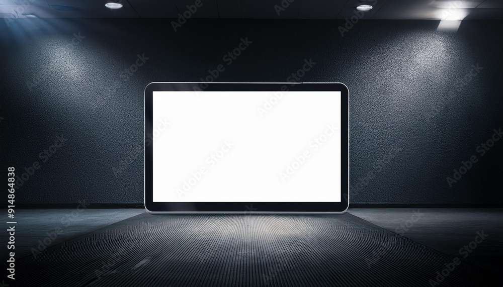 Blank digital screen in dark interior room Blank digital screen in dark interior room